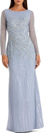 Mac Duggal High Neck Sequin Embellished Long Sleeve A Line Gown in Powder Blue at Nordstrom, Size 12