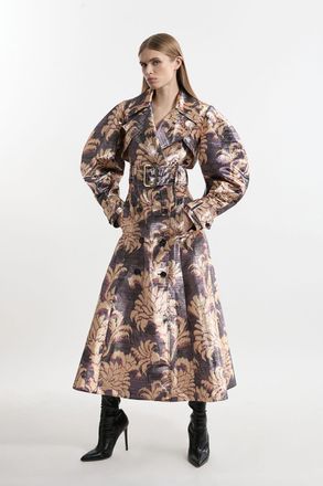 Karen Millen Womens Petite Metallic Floral Tailored Trench Maxi Coat - Size 8 UK