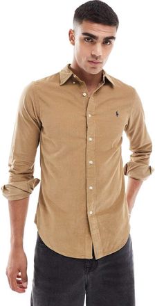 Polo Ralph Lauren Camicia slim in velluto a coste color cuoio con logo-Marrone