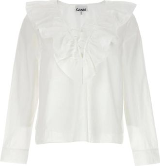 Ganni Katoenen Popeline Blouse met Ruches en V-hals - Dames - Blouses & Shirts - Wit - Maat: L Katoen