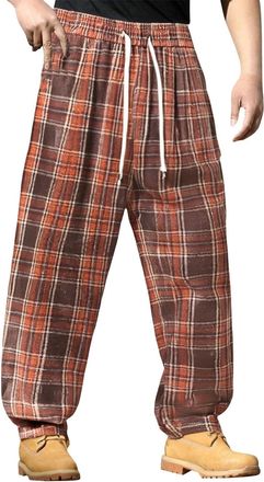Generic Mens Plaid Baggy Pants - Elastic Waist with Striped Accents, Wide Leg Sweatpants Style, Checkered Pattern for Casual Workouts(1D-Red, M)
