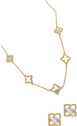 Adornia Clover Mother-of-Pearl Stud Earrings & Necklace Set in White/Gold at Nordstrom Rack