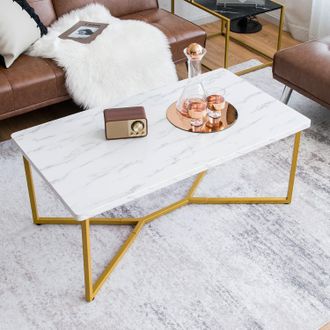 Costway Mesa Baja Moderna, Mesas De Centro Mesita Rectangular De Sof&aacute; Con Superficie En Falso M&aacute;rmol Patas Doradas Forma De Y - Costway