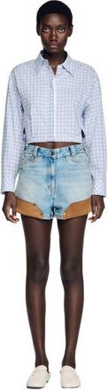 Sandro Riveted denim and suede shorts in Light Bu Jean at Nordstrom, Size 34 Eu