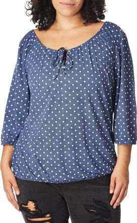 Star Vixen Womens 3/4 Sleeve Peasant Elastic-Hem Keyhole-tie Top Blouse, Denim Dot, X-Large