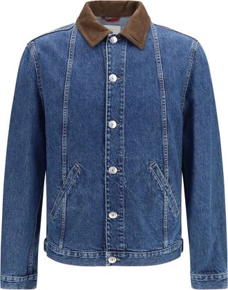Brunello Cucinelli Suede Collar Denim Jacket - Blue
