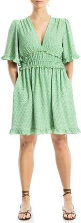 Max Studio Ruffle Short Sleeve Fit & Flare Dress in Sage/Yellow Diagonal Chain at Nordstrom Rack, Size X-Small