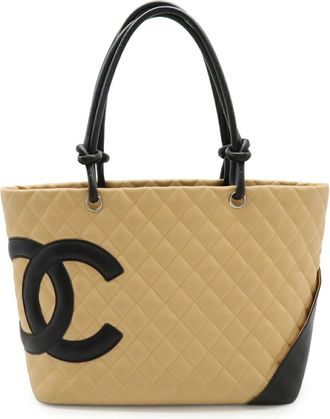 Chanel Beige Black Cambon Ligne Leather Shoulder Bag Tote Bag (Pre-Owned)
