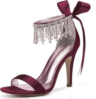 Generic Womens Heels Satin Wedding Bridal Ankle Strap High Heels 10.5Cm Open Toe Prom Evening Formal Party Stiletto Sandals,Burgundy,3 UK