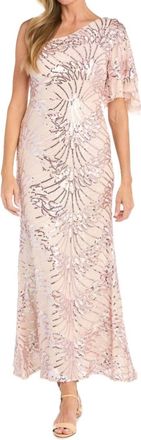 R & M Richards One-Shoulder Sequin Starburst Gown In Blush
