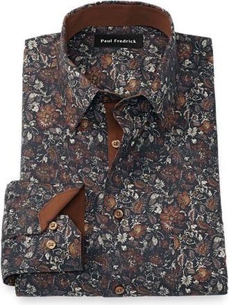 Paul Fredrick Comfort Stretch Non-iron Floral Dress Shirt With Contrast Trim in Brown Multi at Nordstrom, Size 16 - 34