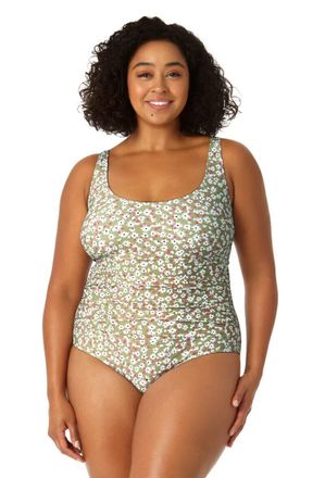 Anne Cole Swimsuit Womens Green Floral Stretch Scoop Neck One Piece ERK1077