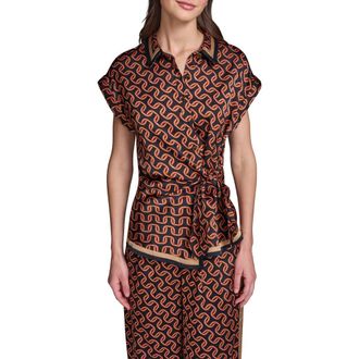Karl Lagerfeld Side Tie Cr&ecirc;pe de Chine Button-Up Shirt in Midnight Navy/Siena at Nordstrom, Size X-Small