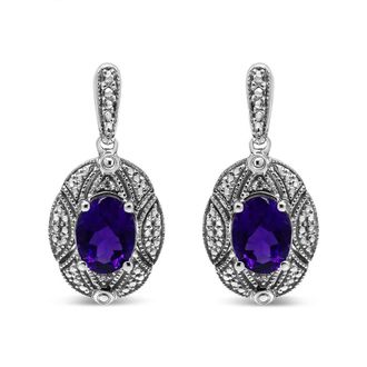 House of Brilliance 925 Sterling Silver Diamond Accent and 8x6mm Purple Oval Amethyst Stud Earrings (I-J Color, I1-I2 Clarity)
