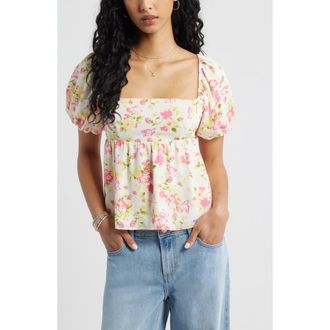 BP. Print Bubble Sleeve Babydoll Top in Ivory-Pink S Savannah Garden at Nordstrom, Size Xx-Small