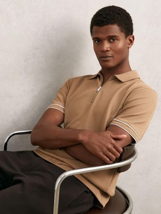 Reiss Camel Textured Half-zip Tipped Polo Shirt, XS