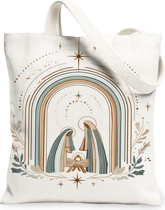 Generic Nativity Scene Canvas Tote Bags, Elegant Art Pattern Reusable Grocery Bags, Holiday Vintage Lightweight Washable Shoulder S, White, 13x15 Inch