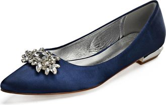 Generic Womens Satin Slip-On Pointy Toe Bridal Satin Wedding Shoes Flat Formal Evening Prom Party Dress Shoes 2Cm,Dark Blue,10 UK