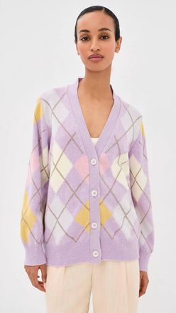 &Daughter Argyle Grand Dad Cardigan In Lilac/white