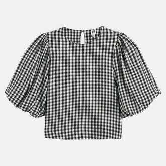 La Redoute Collections Geruite ballonblouse met ronde hals en korte mouwen