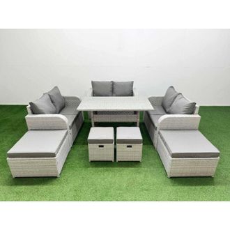 Fimous Pe Rattan Lounge Sofa Set 10 Seater Outdoor Garden Furniture Set with Dining Table Love Sofa 2 Big Footstools 2 Small Stool 2 Side Tables Light Grey