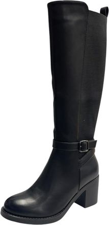 Generic Womens Faux Leather Knee High Elastic Panel Block Heel Zip Buckle Stretch Leg Boots (Black, One Size, UK Footwear Size System, Adult, Women, Numeric, 