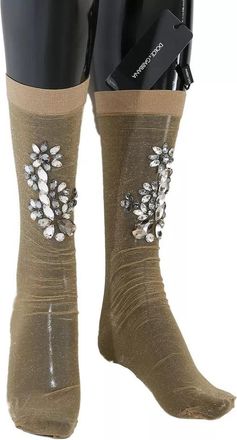 Dolce & Gabbana Gold Stretch Floral Clear Crystal Stocking Womens Socks