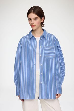 Ganni Nouvean Navy Shirt in Striped Cotton - Size 32 Organic