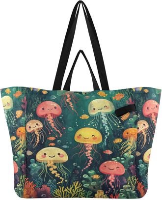Generic Jellyfish Yellow print Reusable Canvas Tote Bag, Heavy Duty Grocery Shopping Bag with Hard Bottom Large Capacity Double Handles Work Groceries Travel