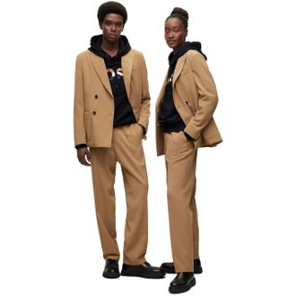 HUGO BOSS Womens Kris 224 Solid Patterned Straight Trousers in Med Beige - Size 10 UK