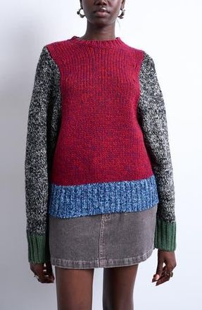 Topshop Colorblock Crewneck Sweater in Burgundy Multi at Nordstrom Rack, Size X-Small