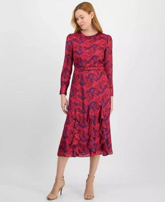 Tahari by ASL Midi Dress Women Violet Rose Cascading Ruffle Belted Waist FTS1488