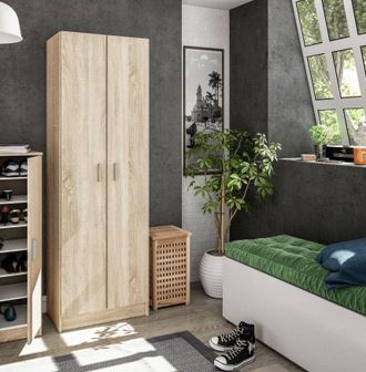 Dmora Armario Multifunci&oacute;n Portsmouth, Armario Auxiliar De 2 Puertas, Armario Zapatero Moderno, Zapatero Vertical, Cm 59x37h180, Roble, Con Embalaje Reforza