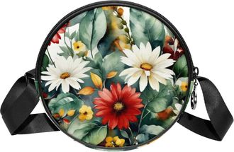 Generic Circle Crossbody Bag for Women, Floral Leaves Small Sling Bag Daypack with Zipper Adjustable Shoulder Straps Casual Ladies Girls Round Purse