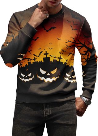 Generic Mens Halloween Pumpkin Head Print T-Shirt - Scary Fun Animal Humor Long Sleeve T-Shirt (UK, Alpha, L, Regular, Regular, 9)