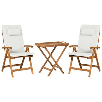 Beliani Conjunto De Balc&oacute;n R&uacute;stico De Madera De Acacia Mesa Y 2 Sillas Plegables Con Cojines Blanco Crema Java Premium