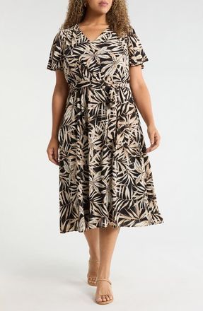 Kasper Leaf Print Flutter Sleeve Dress in Black Multi at Nordstrom, Size 14W