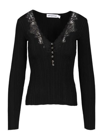 Self Portrait Knitted Top With Lace Top Nero-Donna
