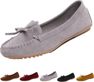 Generic Womens Faux Suede Orthopedic Flat Shoes with Bow, Outdoor Slip on Driving Moccasins, Business Casual Penny Loafers (Grey,3.5)