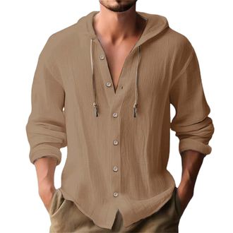 Generic Hoodies for Men UK: Cotton Linen Shirt with Hood Plain Hooded Pullover Tops Casual Drawstring Solid Color Hoody T-Shirts Men Summer Long-Sleeve Button