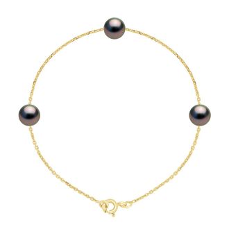 Ateliers Saint Germain Womens Bracelet TRIO - 3 Real Cultured Tahiti Pearls PASSING THROUGH Round 7-8 mm - Yellow Gold - One Size