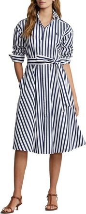 Polo Ralph Lauren Stripe Long Sleeve Cotton Shirtdress in 970A Navy/white at Nordstrom, Size 16