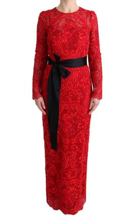 Dolce & Gabbana Red Floral Ricamo Sheath Long Womens Dress