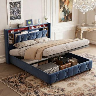 OEM Cama Lit 140x190, Con Somier De Lamas, Led Y Puertos Usb - Cabecero Con Almacenamiento - Terciopelo Gris