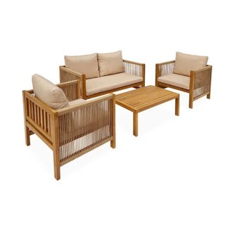 Sweeek Conjunto de muebles de jard&iacute;n de madera y cuerda, 4 plazas, beige