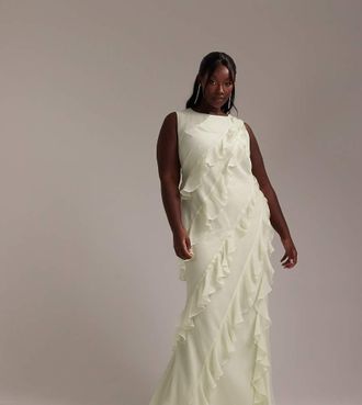 Asos Curve ASOS DESIGN Curve Bridesmaids racer neck bias cut ruffle maxi dress in light green