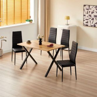 Kosy Koala Kosy Koala - Brown Wooden Dining Table with 4 Black Leather Chairs - Dining Kitchen Room Furniture