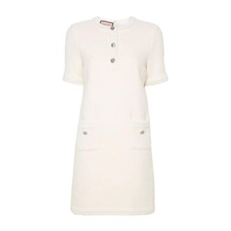 Gucci White Wool Tweed Dress with CC Logo