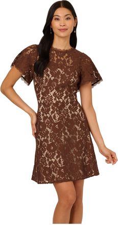 Adrianna Papell Womens Lace Flounce Short Dress - Brown - Size 16 UK