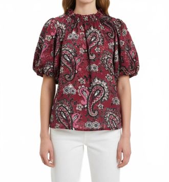 THML Clothing Velvet Puff Sleeve Top In Wine Paisley